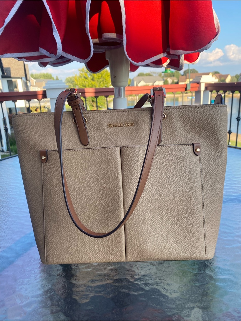 Michael Kors Bedford Medium Pocket Tote Taupe Pebbled Leather Gold Shoulder Bag